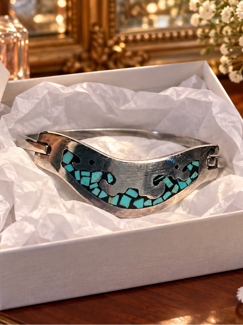 Vintage Mexican Turquoise Chip Mosaic Inlay Sterling Silver Bracelet